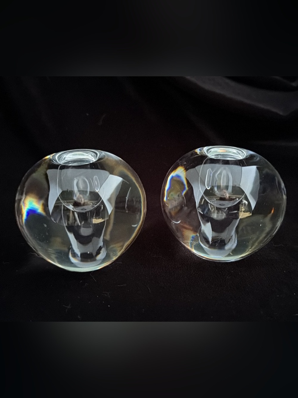2 Orrefors Kostaboda Edward Hald Clear Sphere Candle Holders - 2”